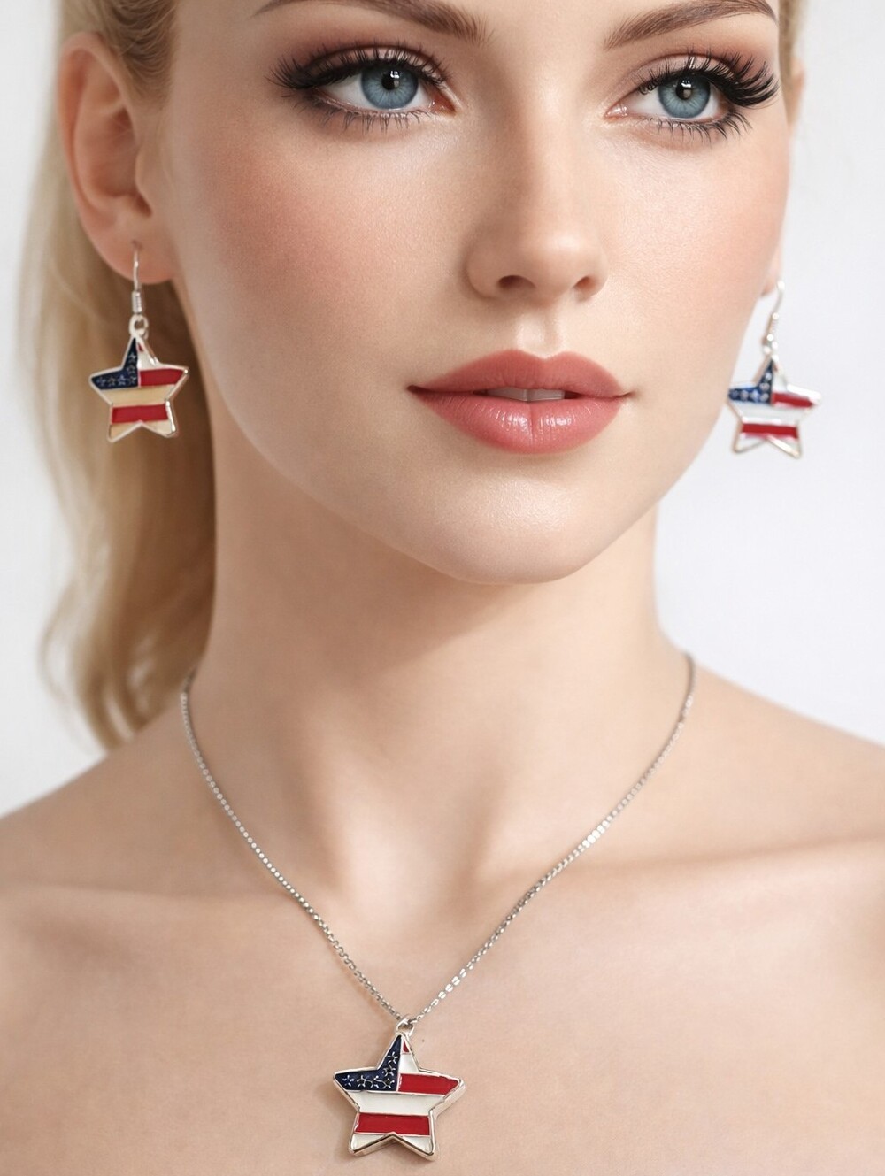 Patriotic Red, White & Blue Star Pendant Necklace & Earring Set – Womens Jewelry